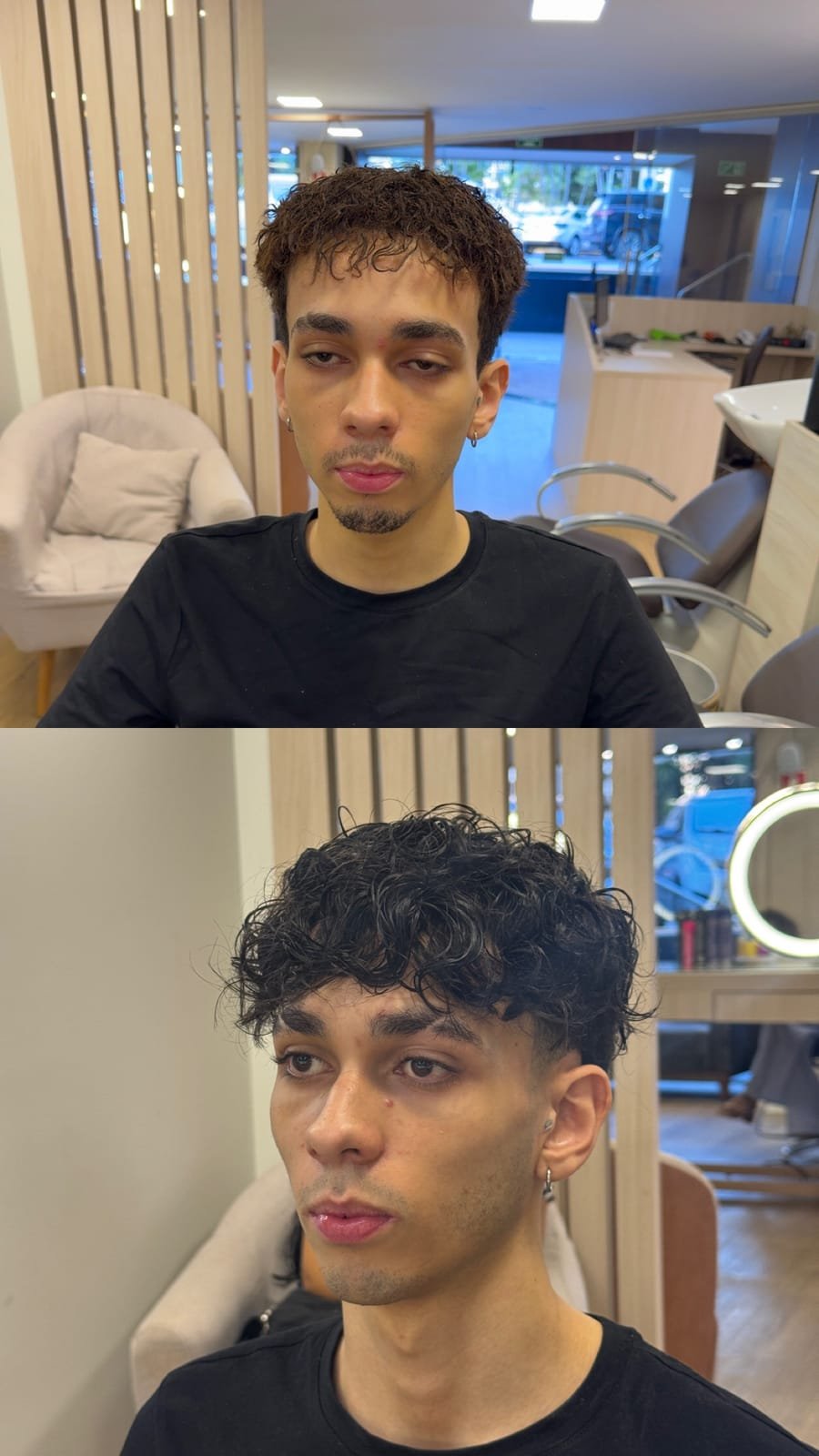 Antes e depois de prótese capilar em cliente jovem, com mais densidade nos cachos